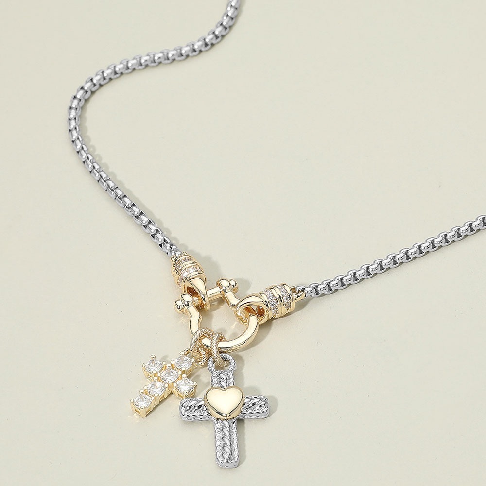 14K Gold Plated CZ Cross Two Tone Heart Cross Horsebit Carabiner Charm Necklace